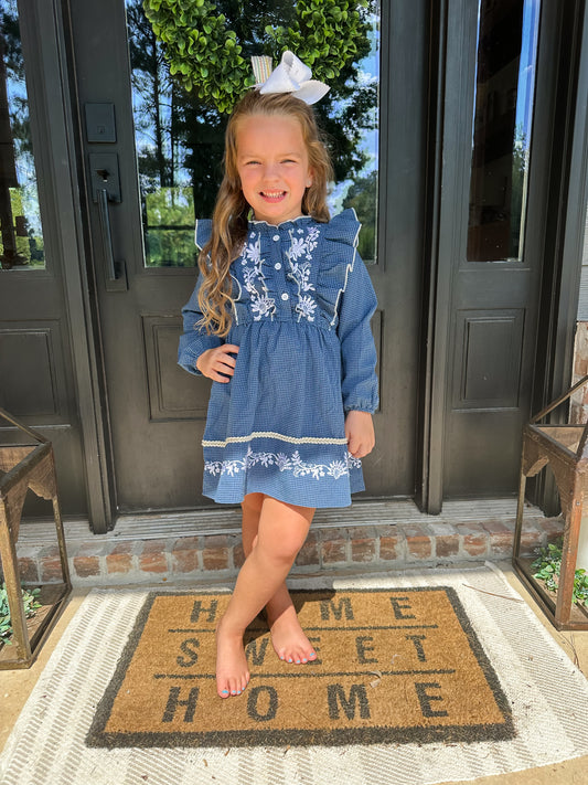NAVY EMBROIDERED RUFFLE DRESS