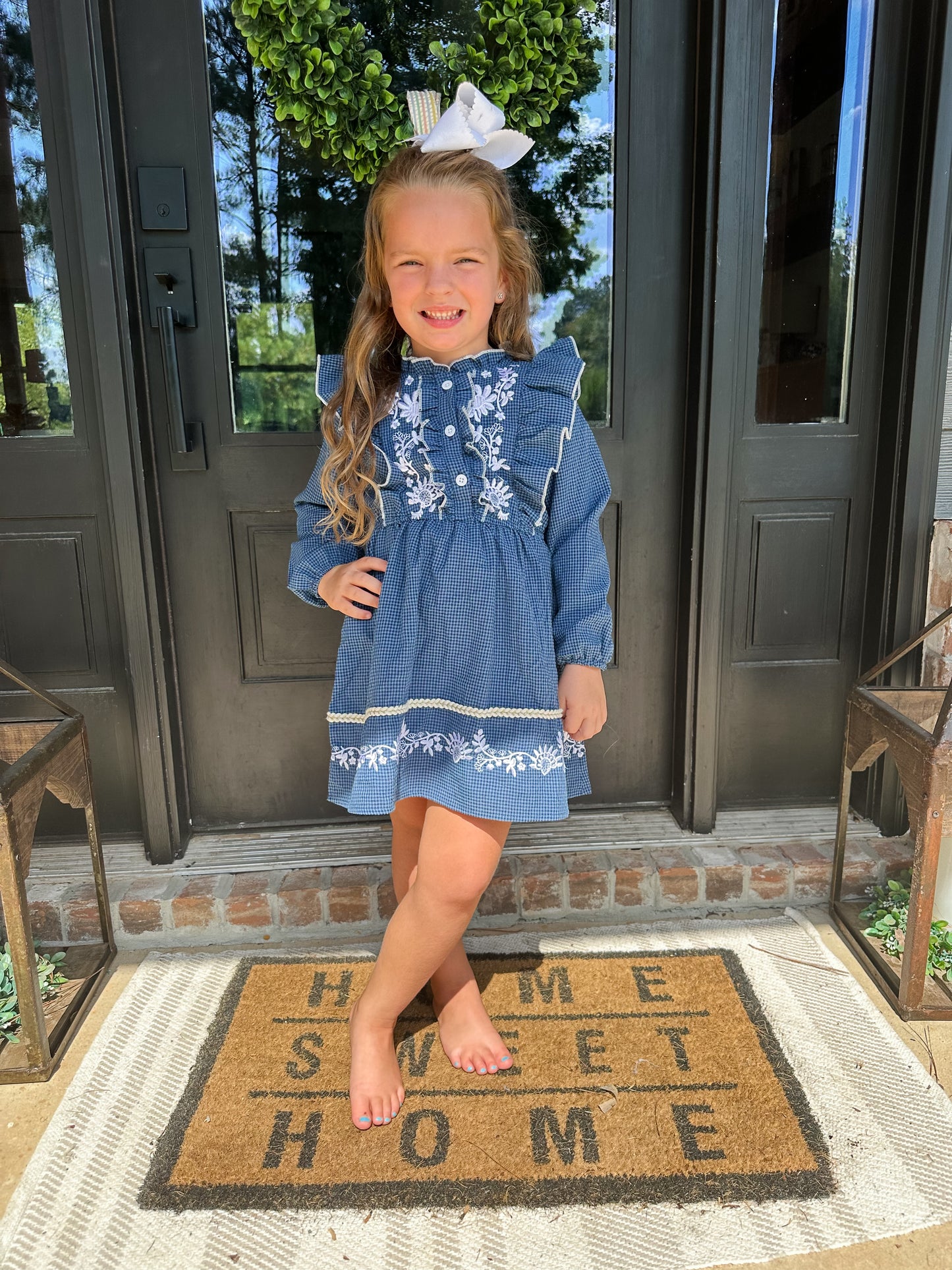 NAVY EMBROIDERED RUFFLE DRESS