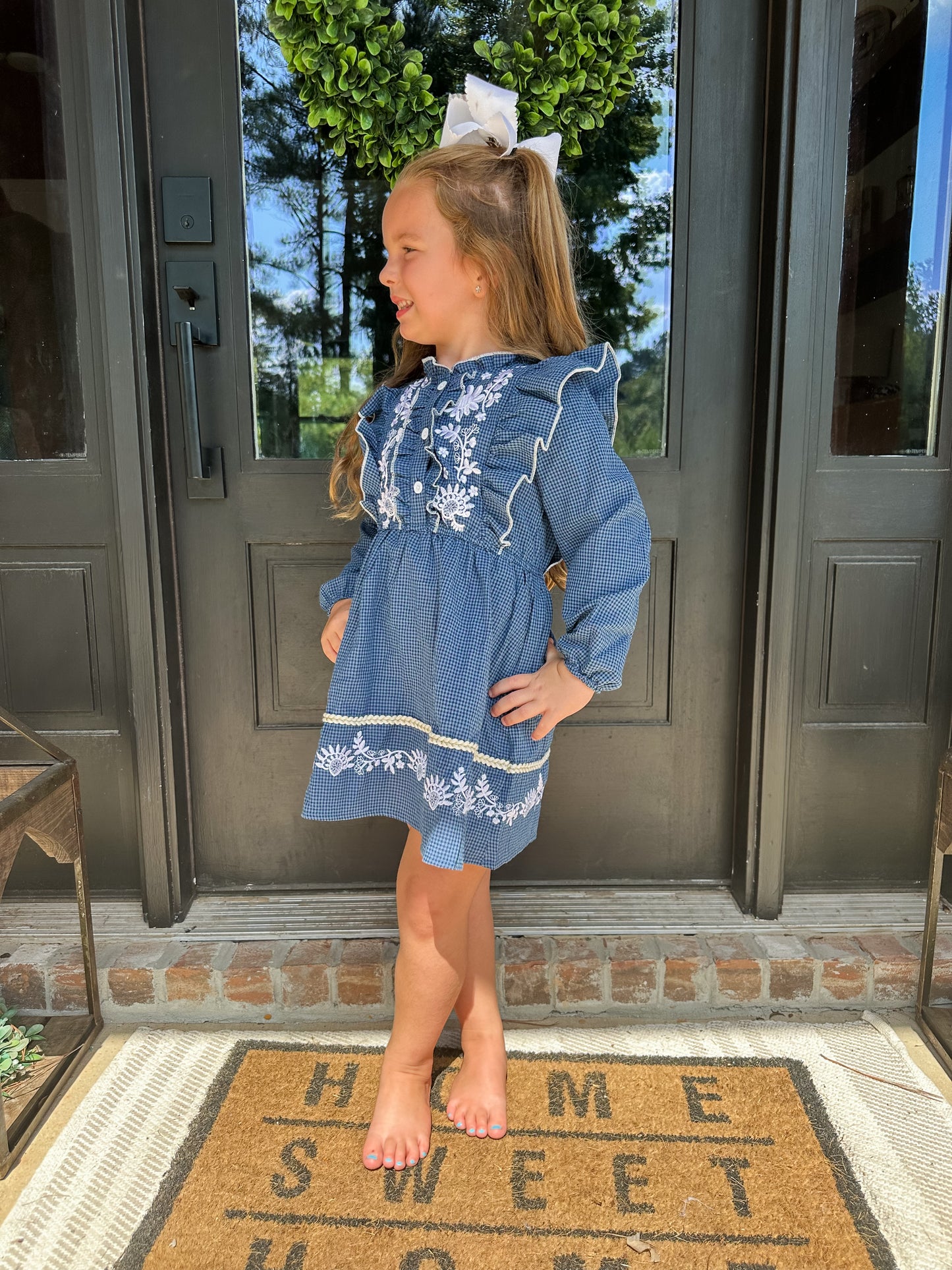 NAVY EMBROIDERED RUFFLE DRESS